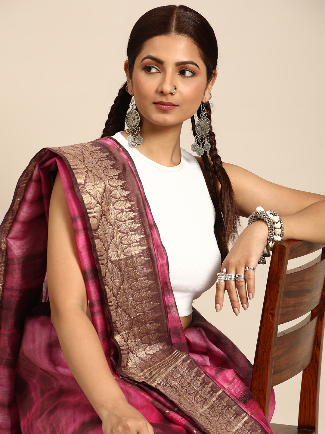 

Taavi Tie and Dye Zari Pure Silk Bhagalpuri Saree, Pink