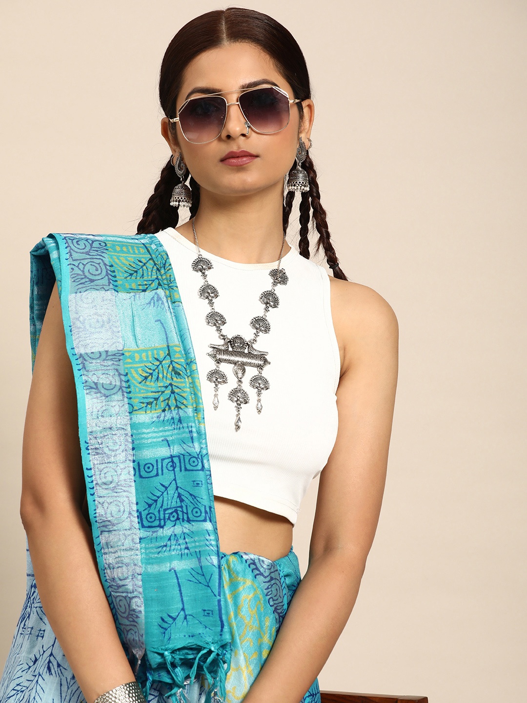 

Taavi Kalamkari Pure Cotton Block Print Saree, Turquoise blue