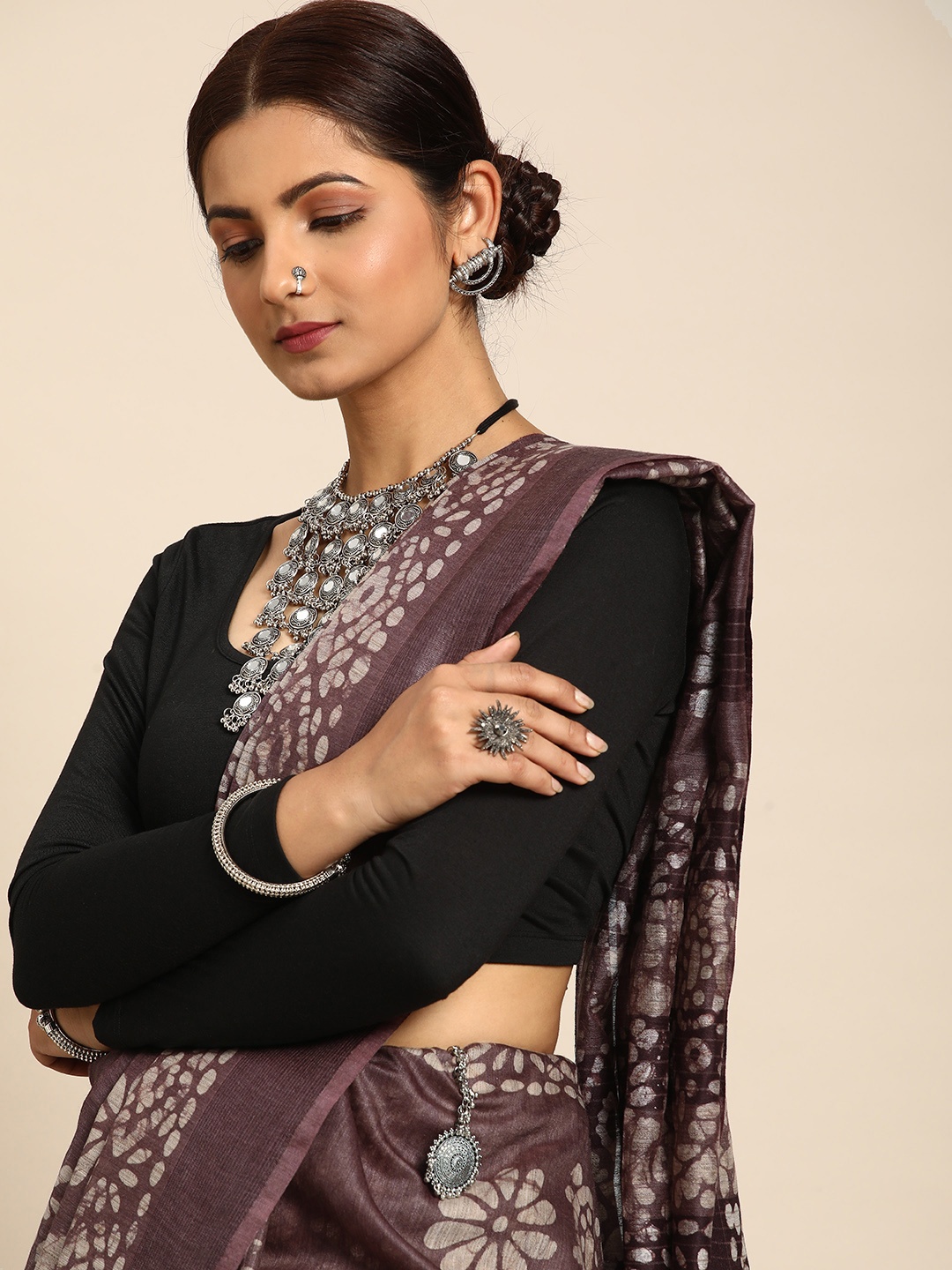 

Taavi Batik Printed Zari Silk Blend Bhagalpuri Saree, Brown