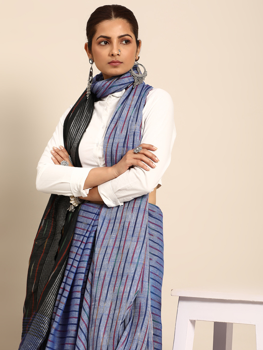 

Taavi Striped Pure Cotton Bhagalpuri Saree, Blue