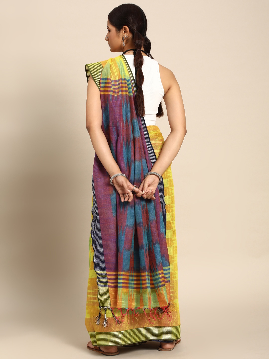 

Taavi Zari Pure Cotton Ikat Saree, Yellow