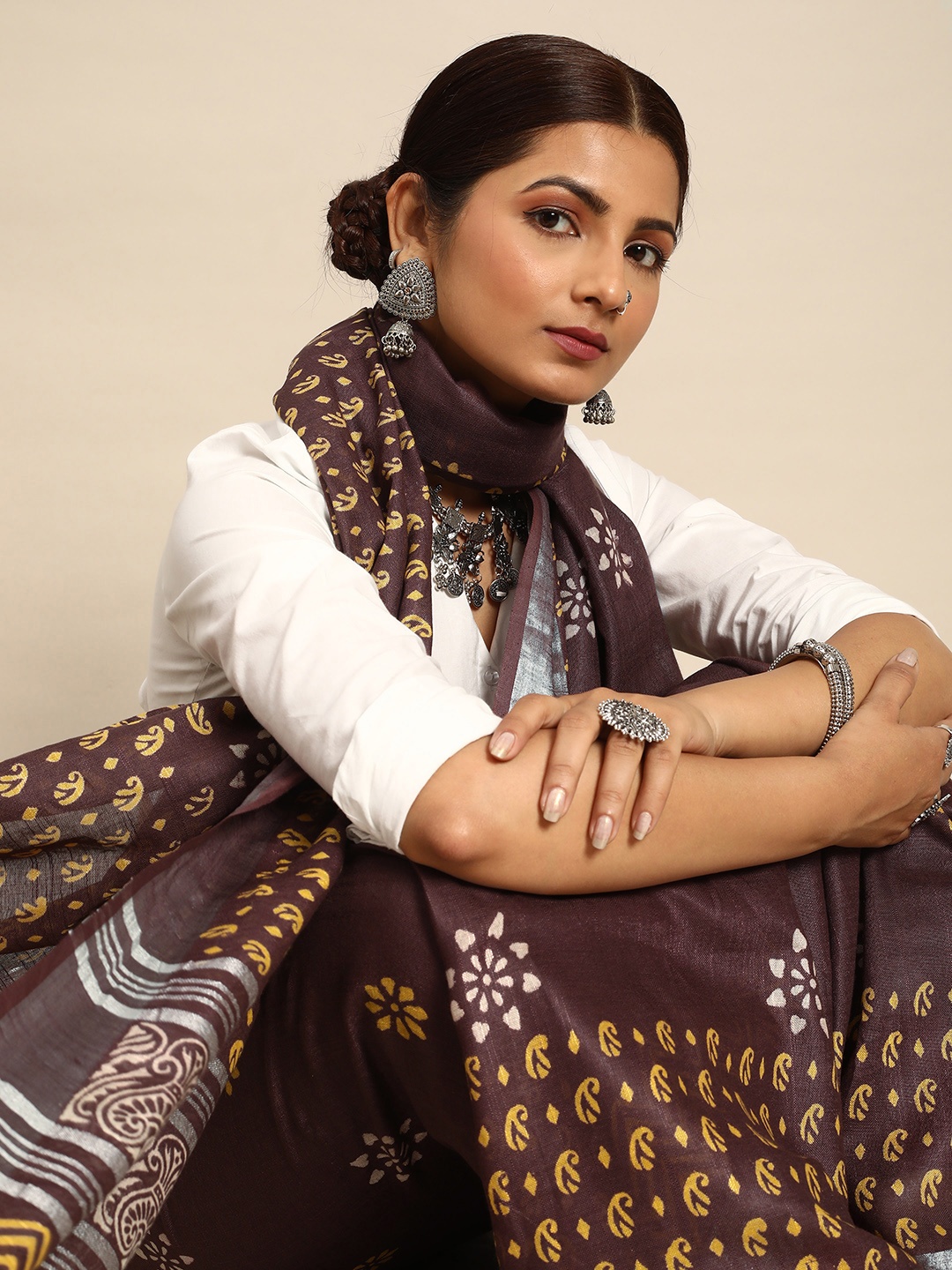 

Taavi Floral Pure Cotton Block Print Saree, Brown