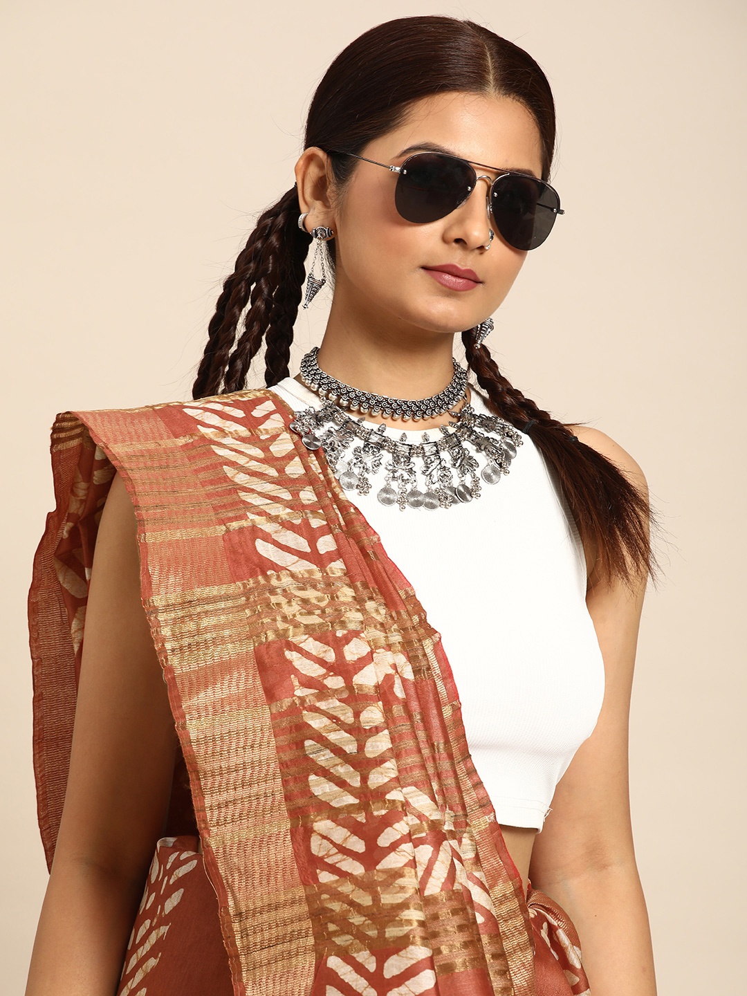 

Taavi Batik Zari Pure Silk Bhagalpuri Saree, Brown