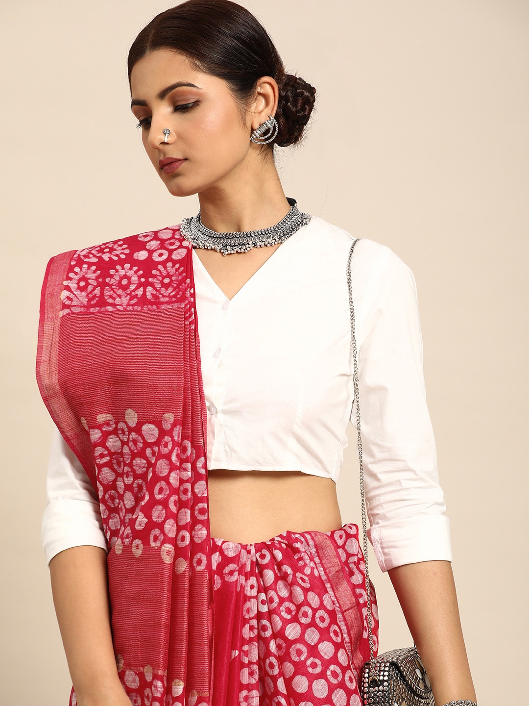 

Taavi Batik Silk Blend Bhagalpuri Saree, Pink