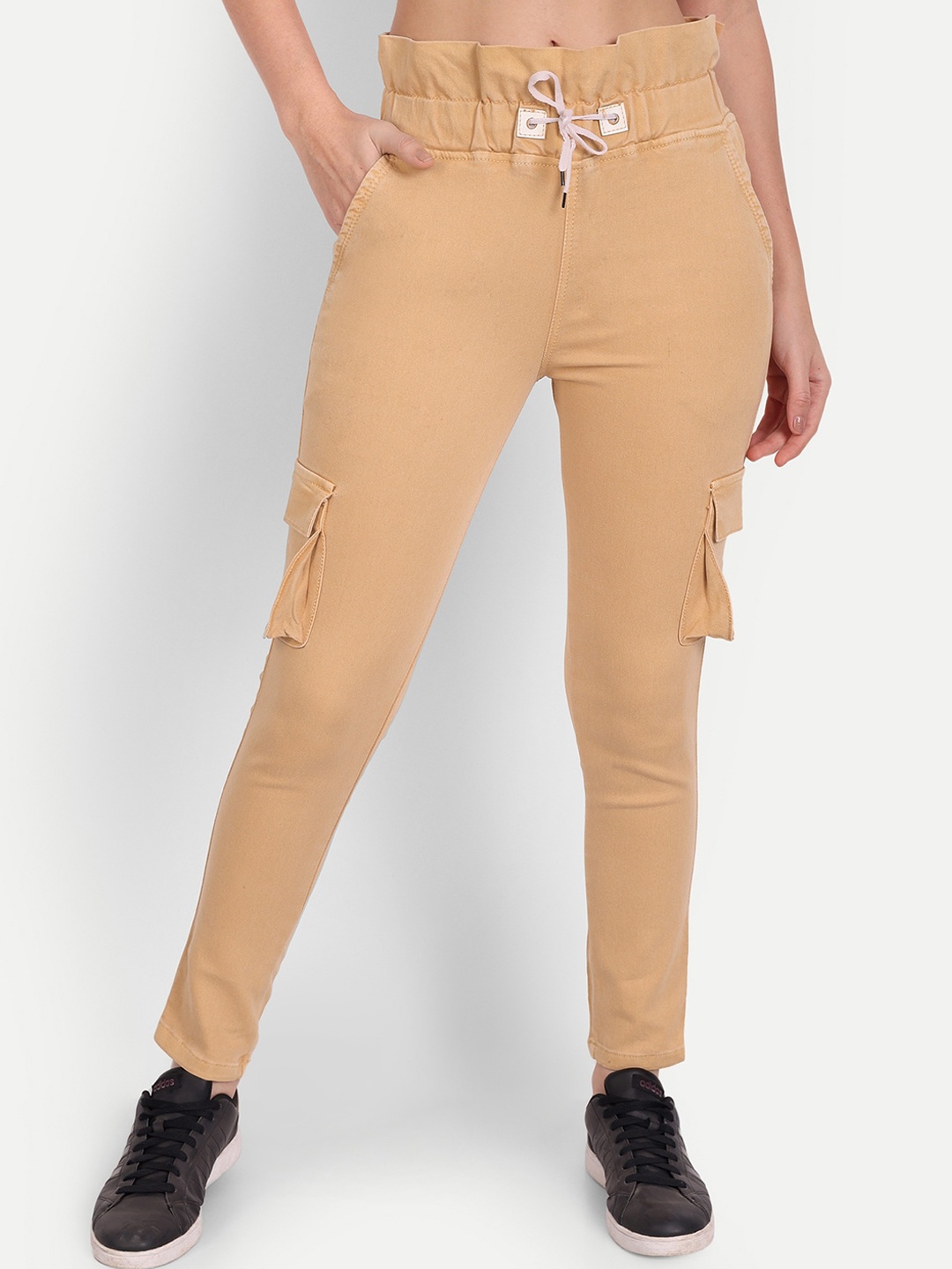 

AngelFab Women Relaxed Regular Fit Mid-Rise Cargos Cotton Trousers, Beige