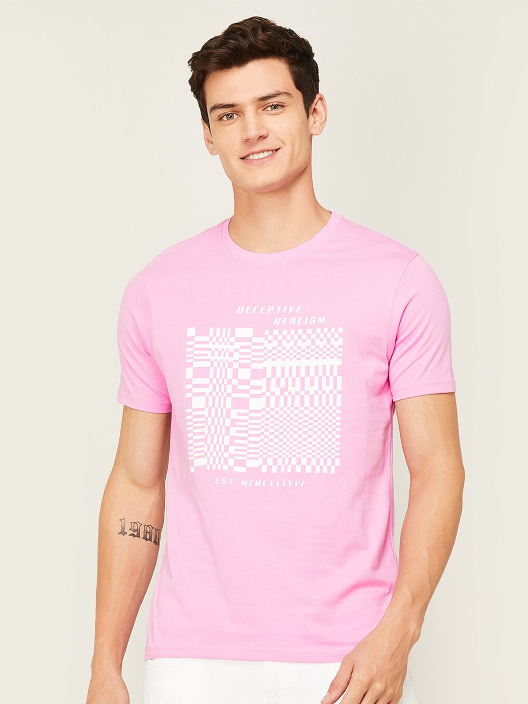 

Bossini Graphic Printed Round Neck Cotton T-shirt, Pink