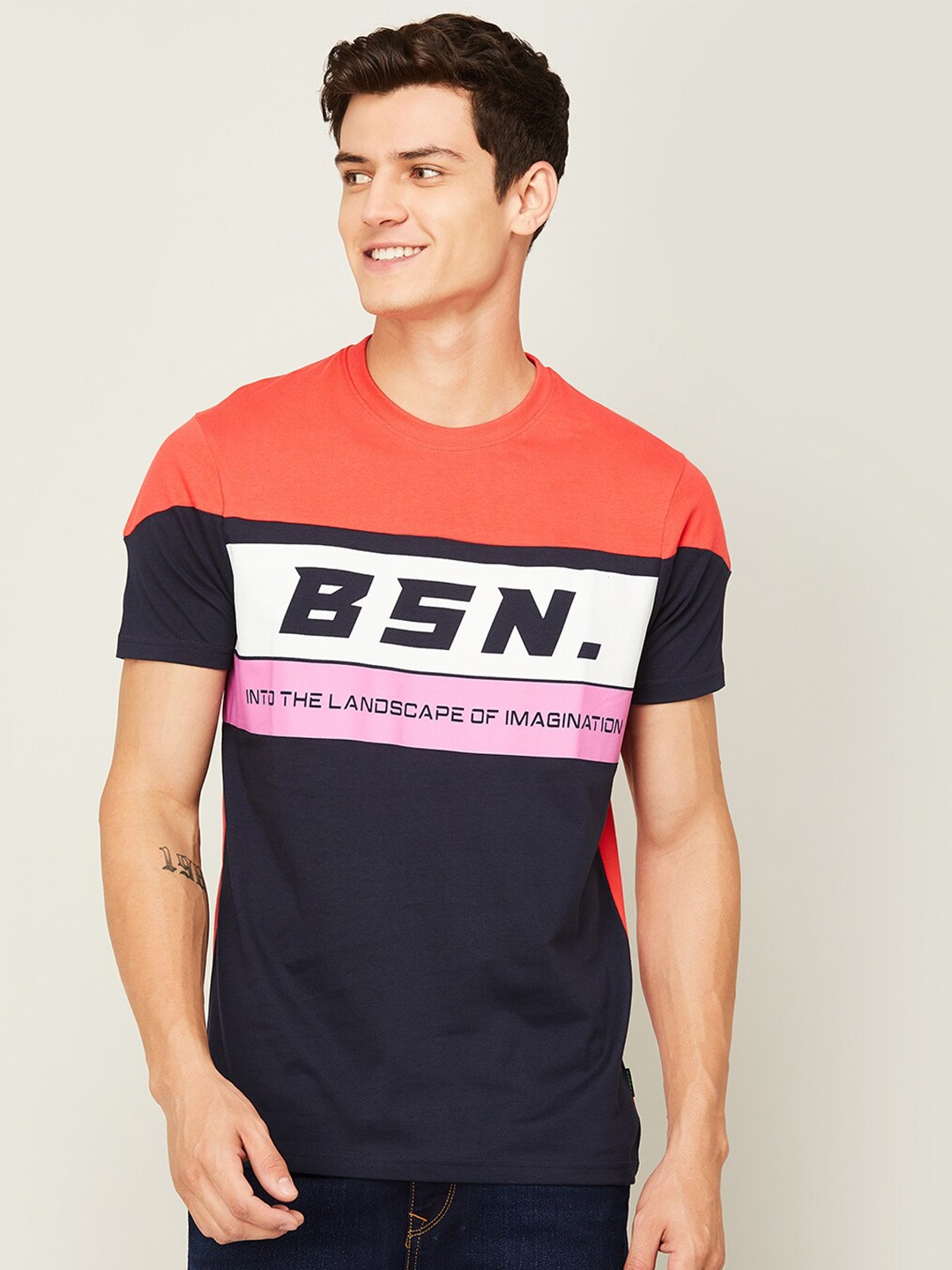 

Bossini Colourblocked Cotton Longline T-shirt, Red