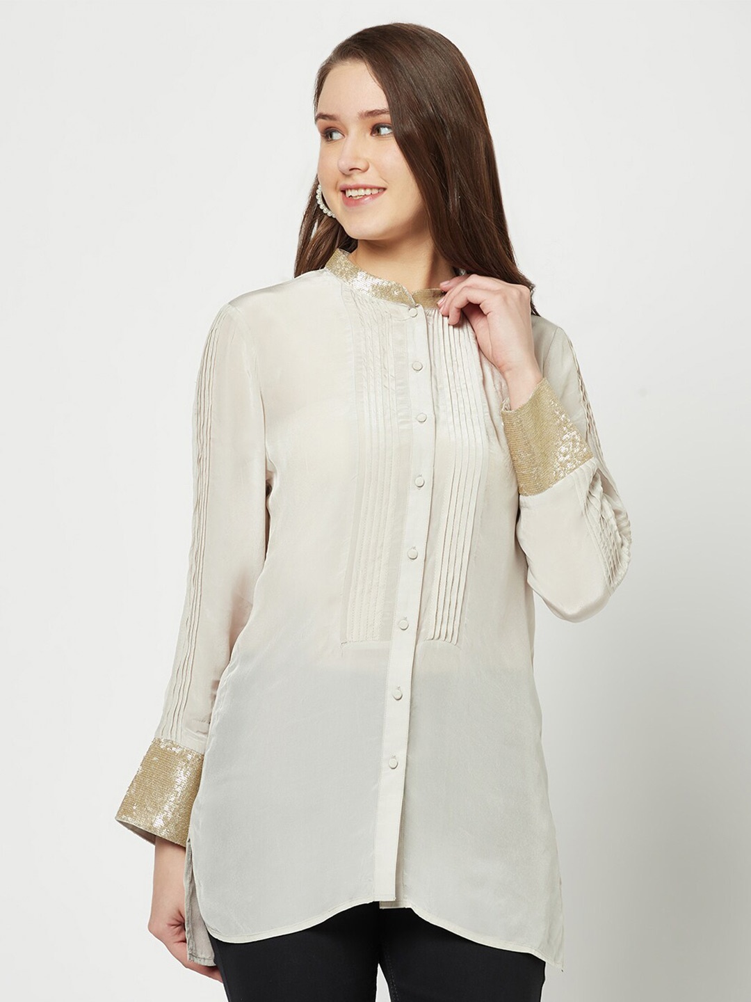 

HOUSE OF S Mandarin Collar Silk Casual Shirt, White