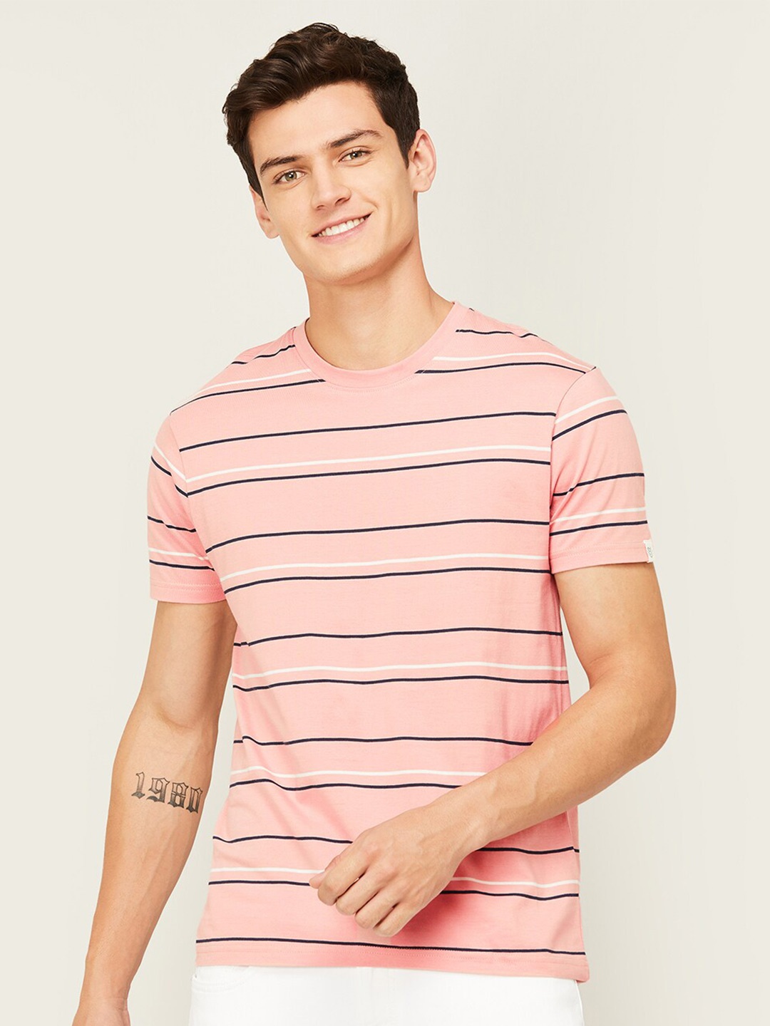 

Fame Forever by Lifestyle Striped Round Neck Short Sleeves Cotton T-shirt, Peach