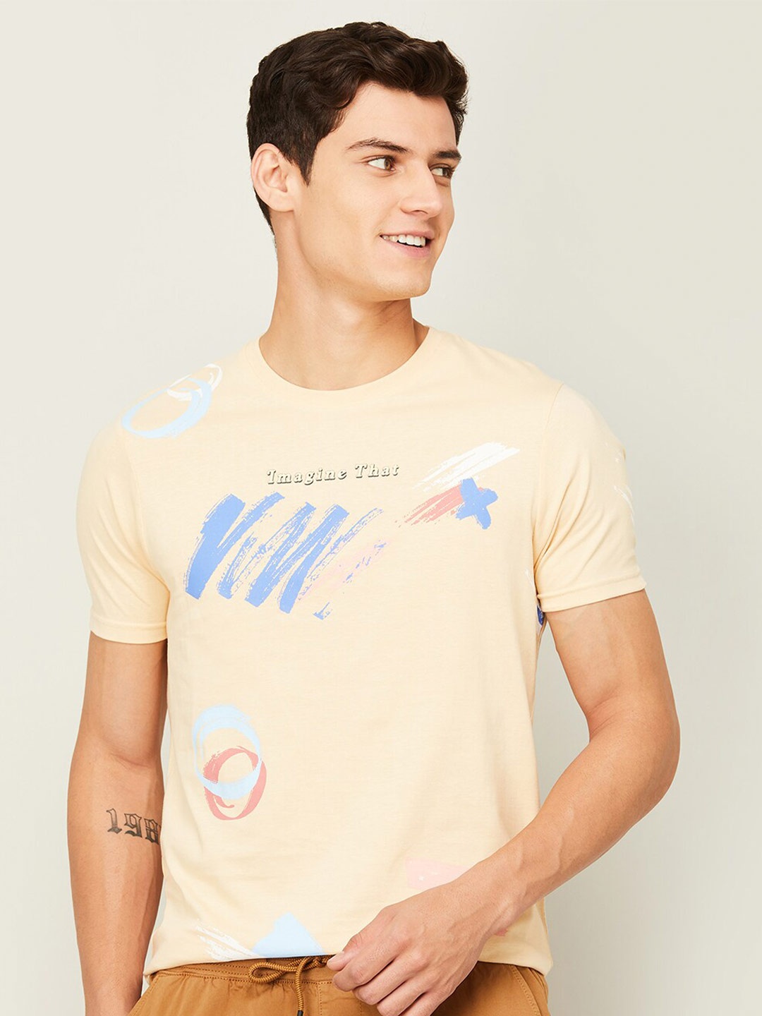 

Fame Forever by Lifestyle Abstract Printed Round Neck Cotton T-shirt, Beige