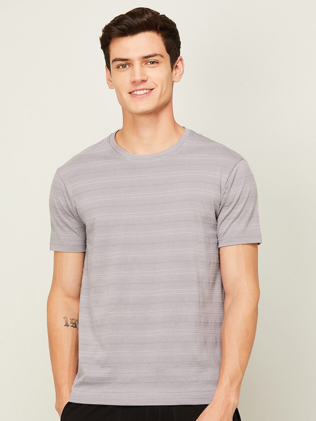 

Fame Forever by Lifestyle Striped Round Neck Cotton T-shirt, Grey