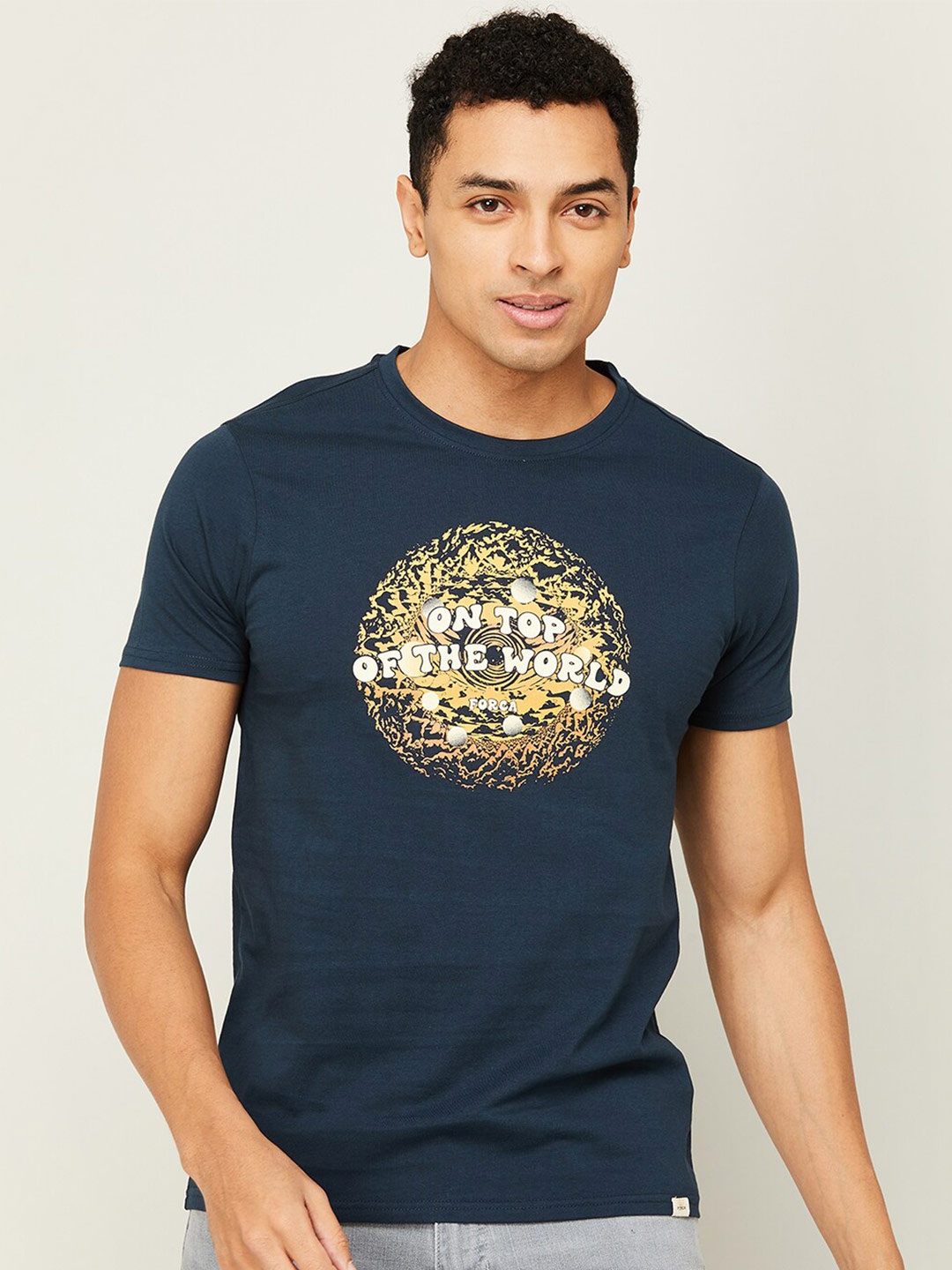 

Forca by Lifestyle Typography Printed Casual Cotton T-shirt, Navy blue