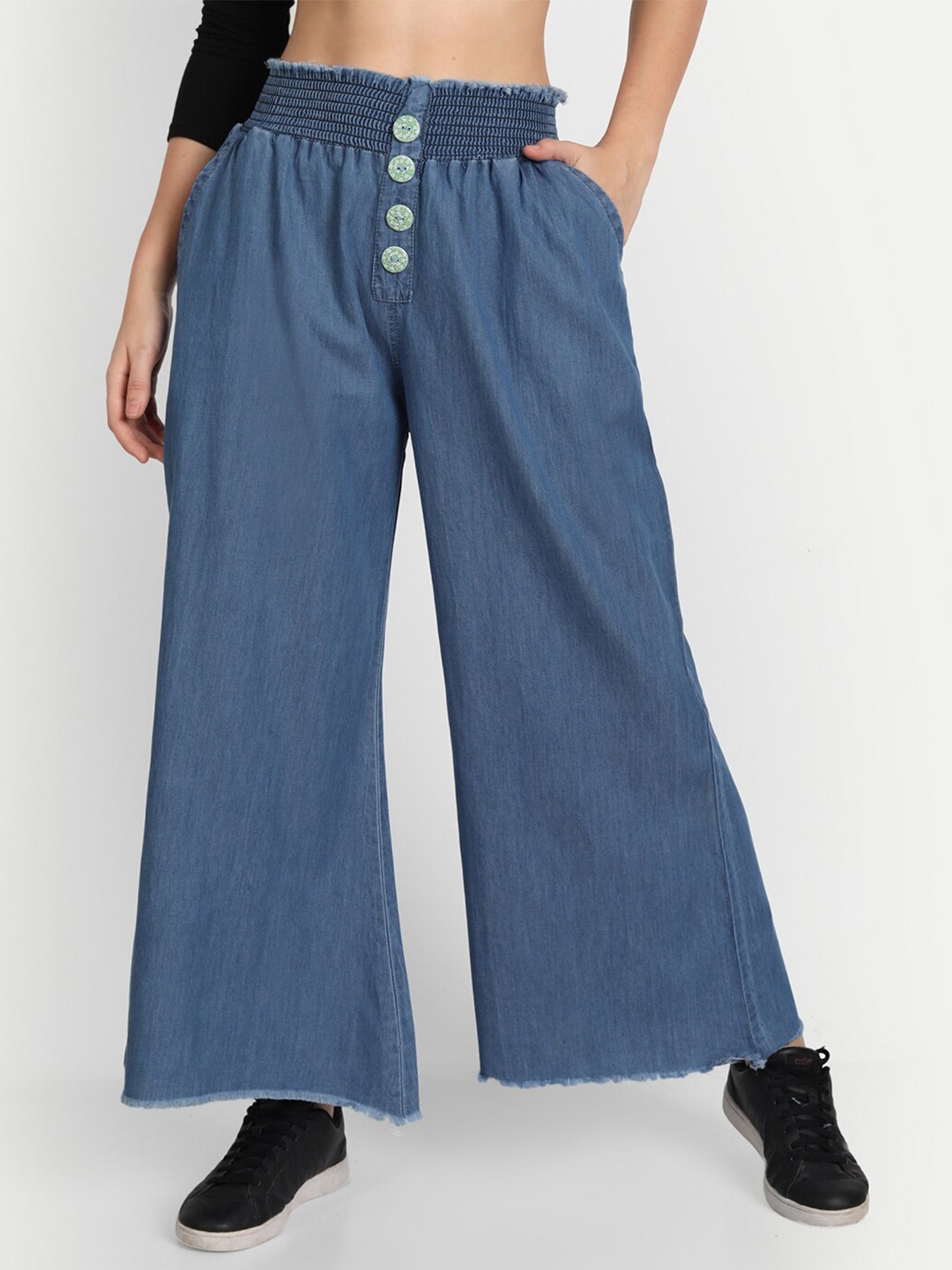 

AngelFab Women Cotton Wide Leg Chambray Palazzos, Blue