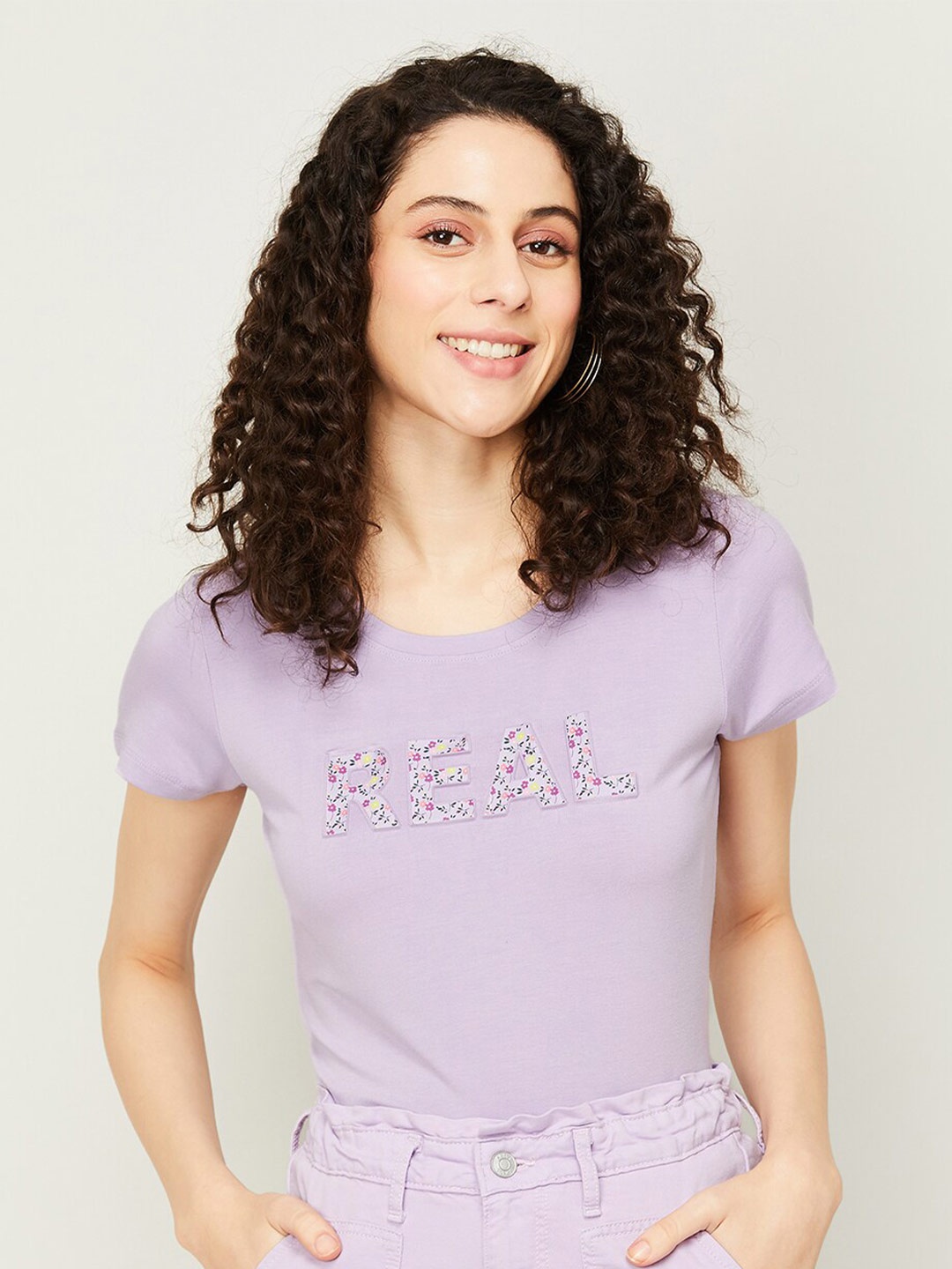 

Fame Forever by Lifestyle Embossed Floral Printed T-shirt, Lavender