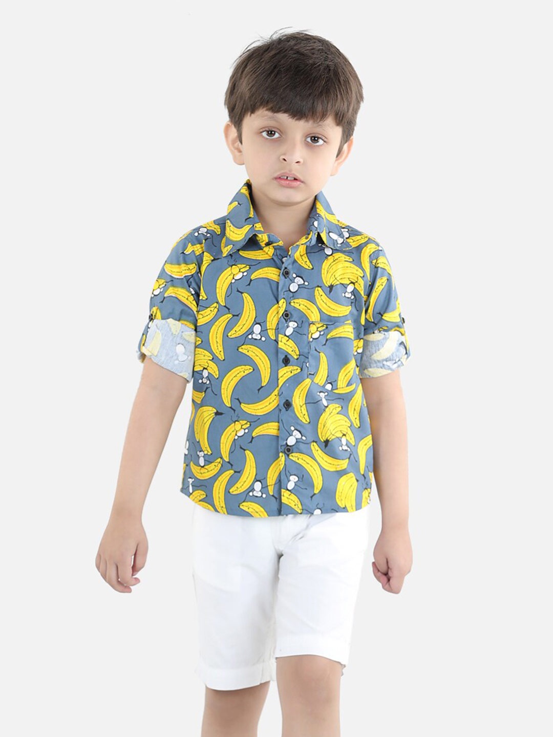 

AWW HUNNIE Boys Printed Cotton Shirt with Shorts Set, Yellow