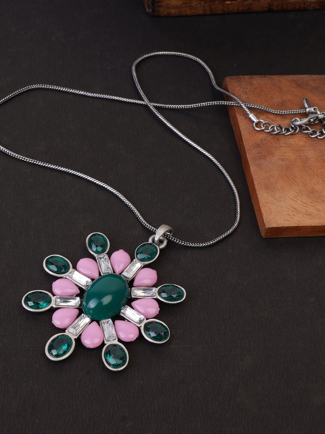 

Estele Rhodium-Plated Stone Studded Pendant With Chain, Pink