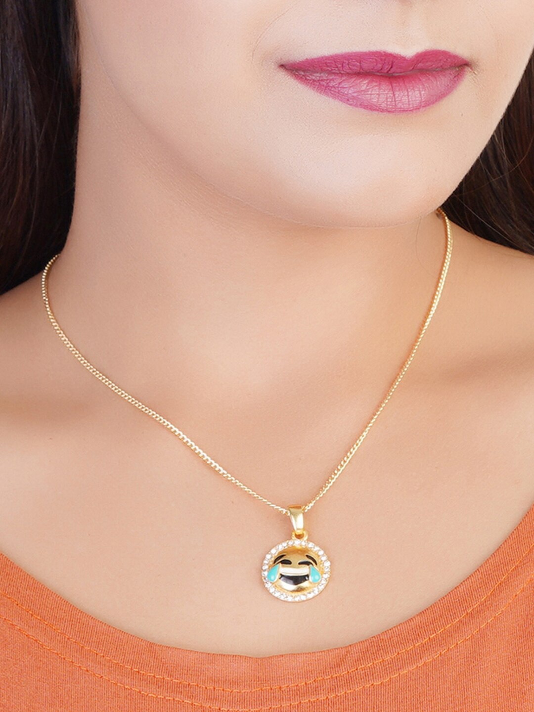 

Estele Gold-Plated Stone-Studded & Circular Emoji -Charm Pendant With Chain