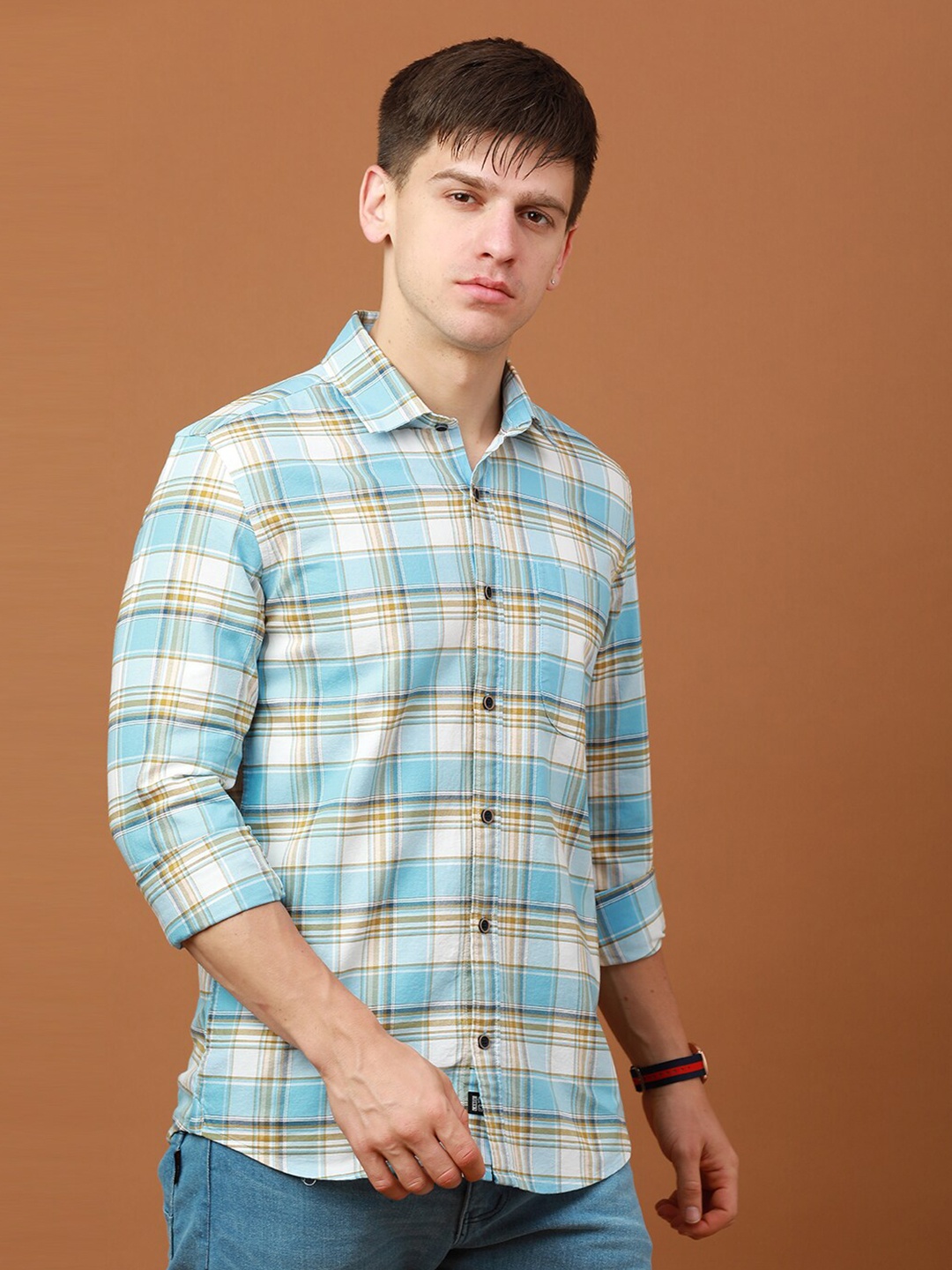 

FOGA Tartan Checks Pure Cotton Casual Shirt, Blue
