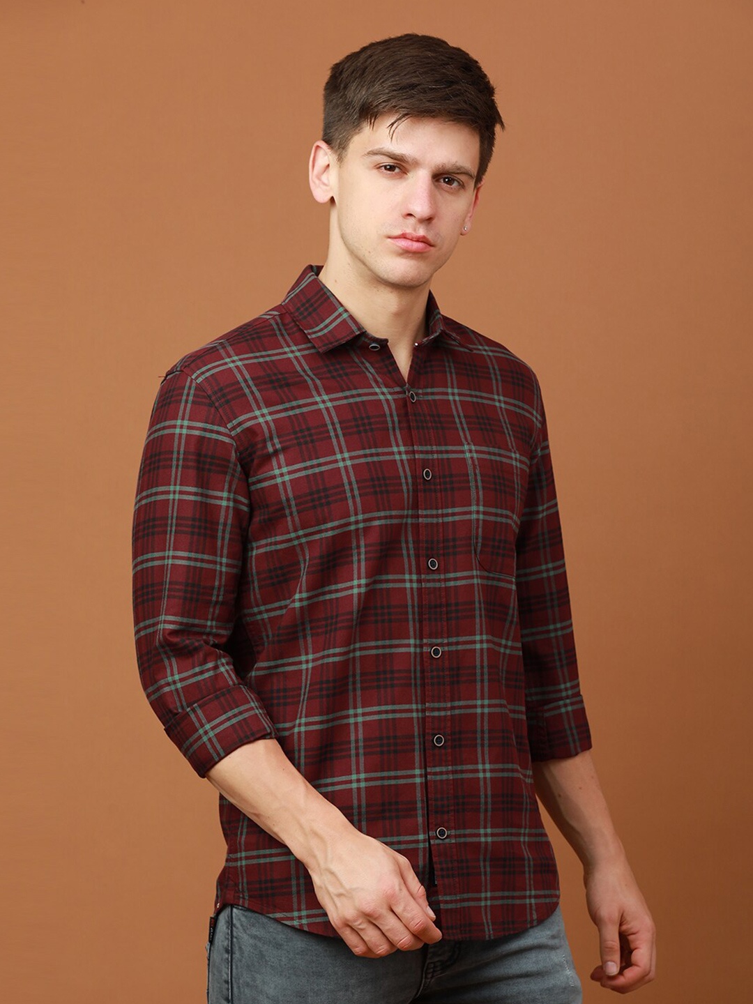 

FOGA Tartan Checks Checked Pure Cotton Casual Shirt, Maroon