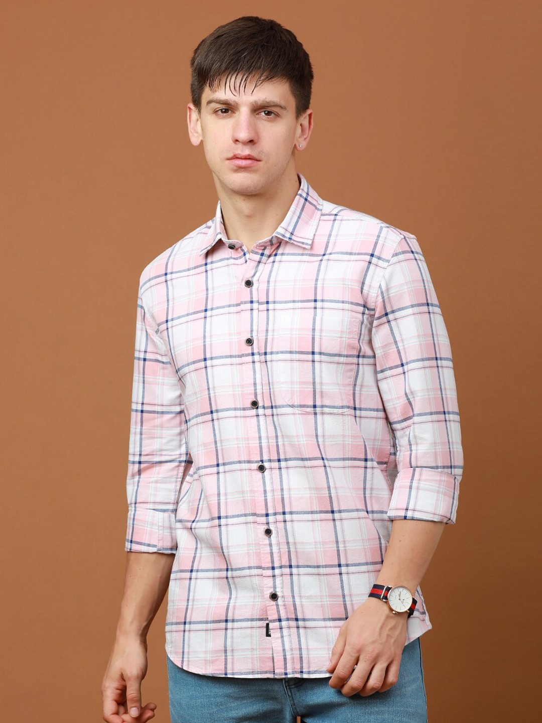 

FOGA Windowpane Checks Pure Cotton Casual Shirt, Pink