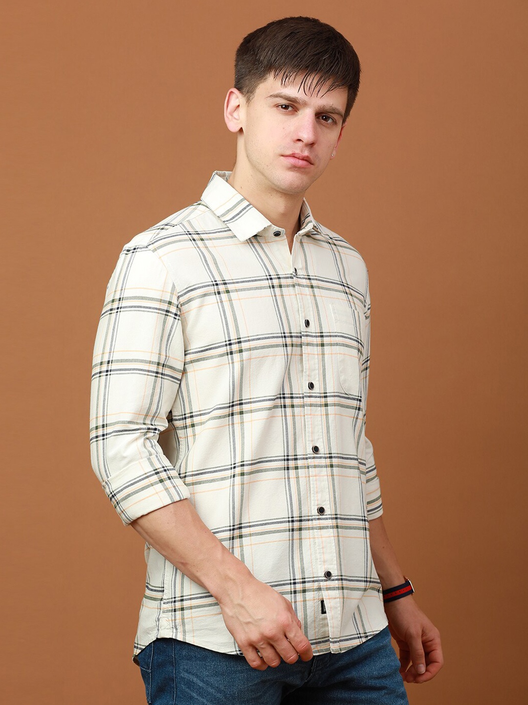 

FOGA Windowpane Checks Checked Pure Cotton Casual Shirt, Off white