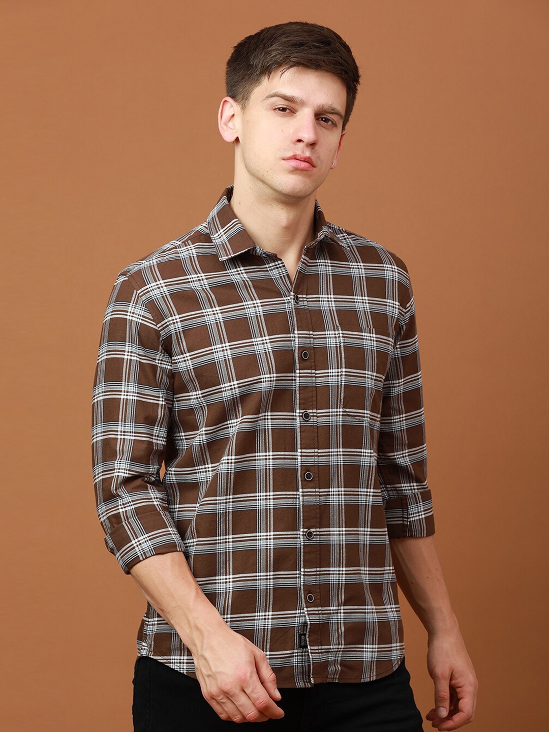 

FOGA Checked Pure Cotton Casual Shirt, Brown
