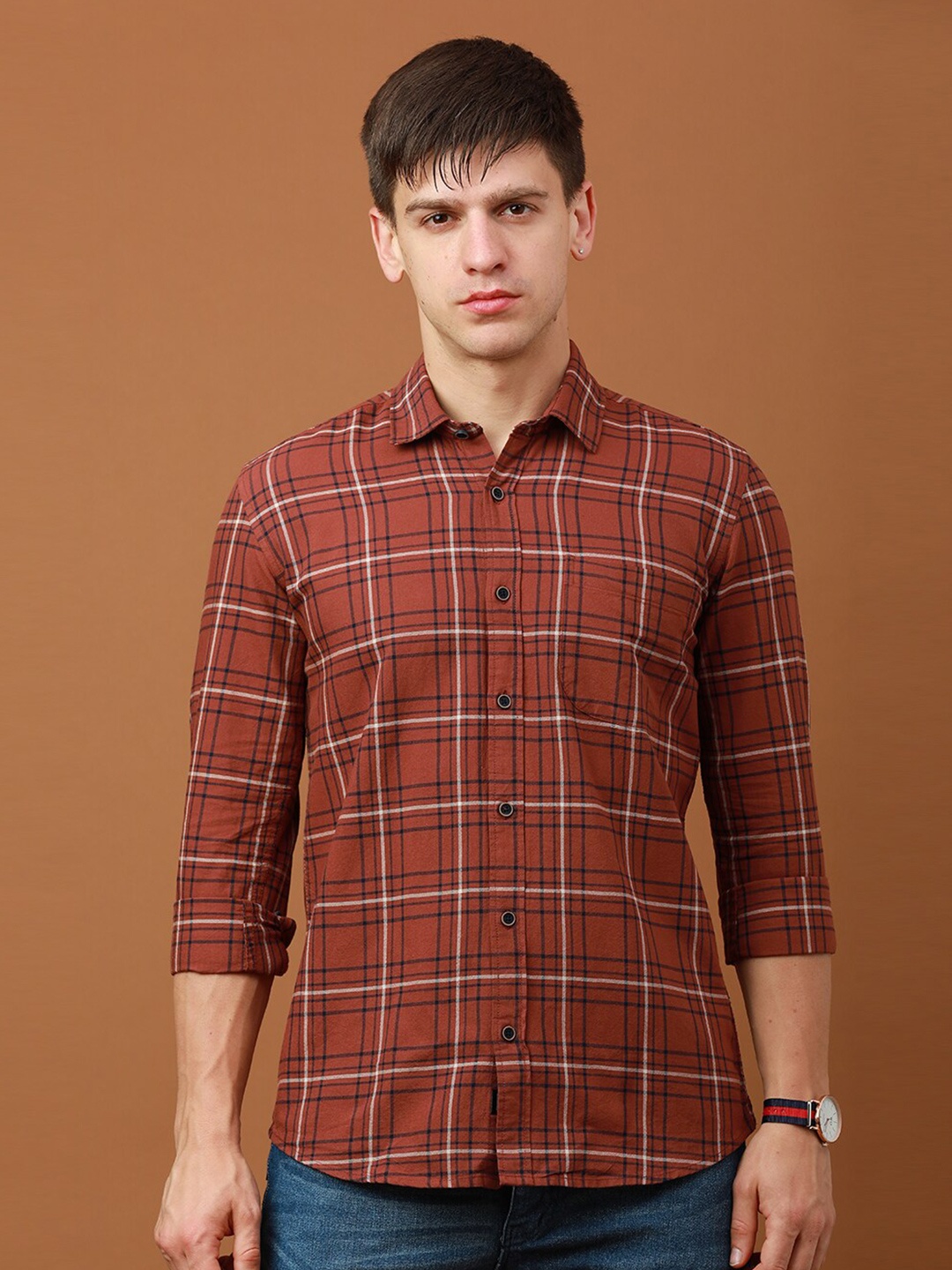 

FOGA Checked Pure Cotton Casual Shirt, Brown