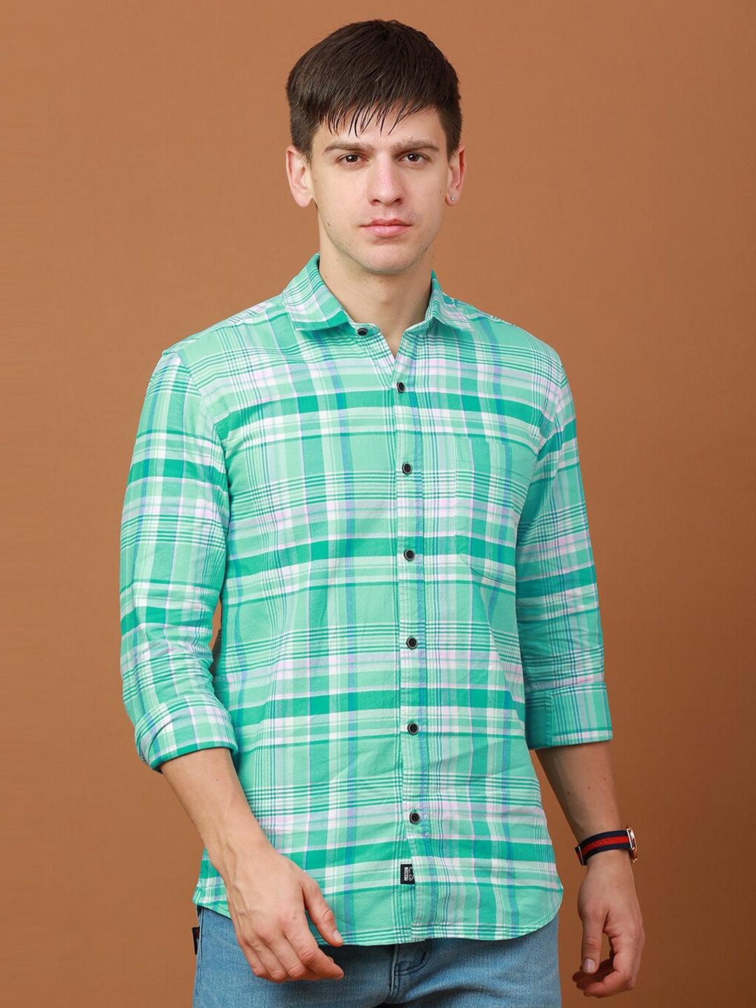 

FOGA Tartan Checks Checked Pure Cotton Casual Shirt, Green