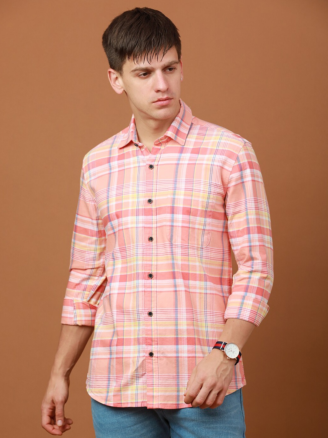 

FOGA Tartan Checks Checked Pure Cotton Casual Shirt, Pink