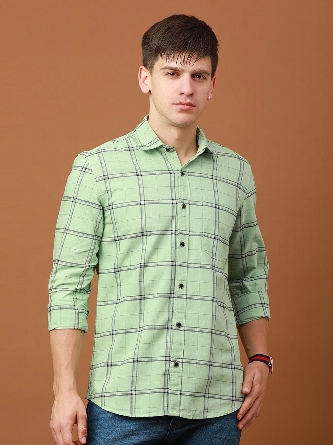 

FOGA Windowpane Checks Pure Cotton Casual Shirt, Green