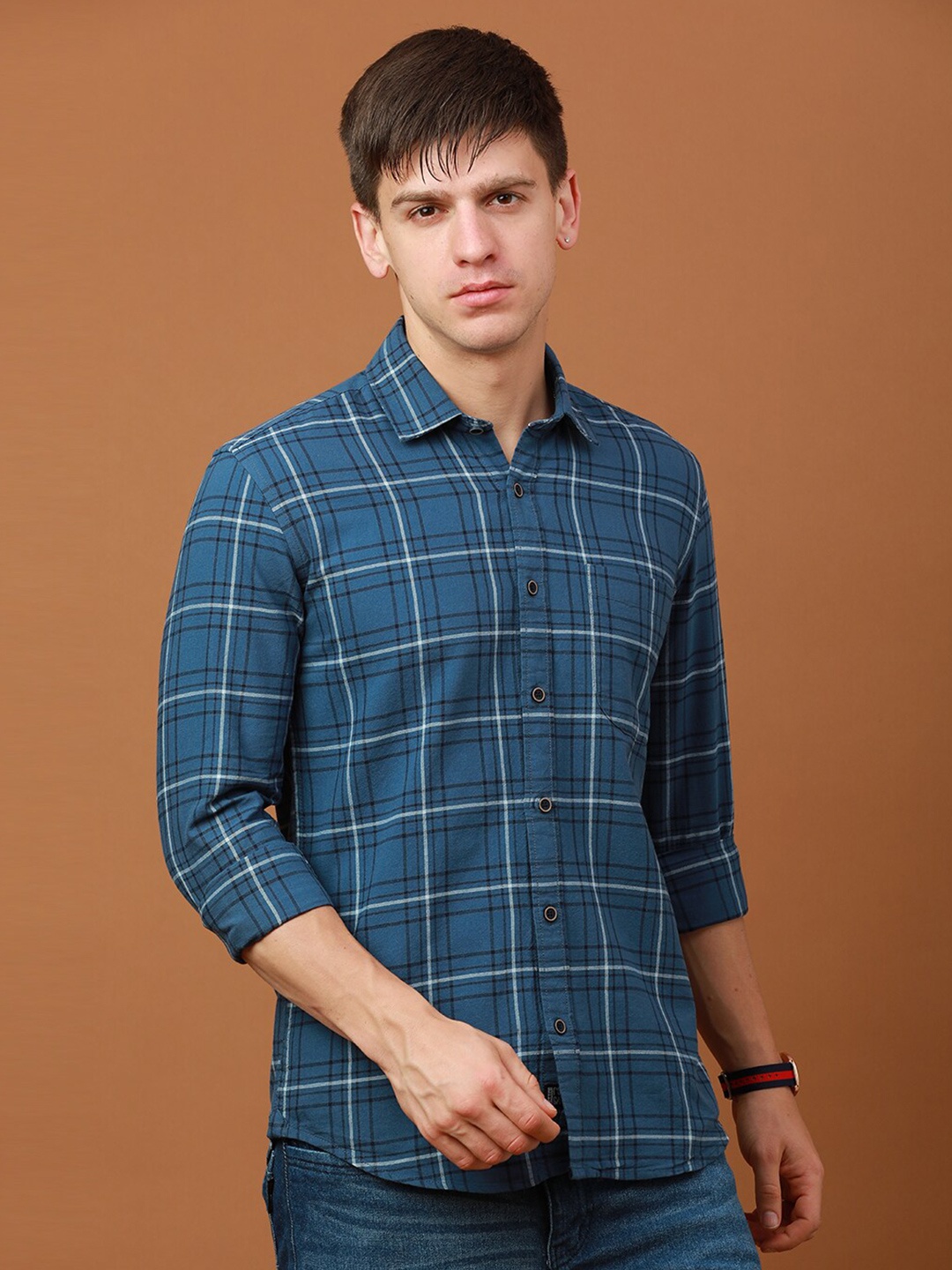 

FOGA Grid Tattersall Checks Cotton Casual Shirt, Teal