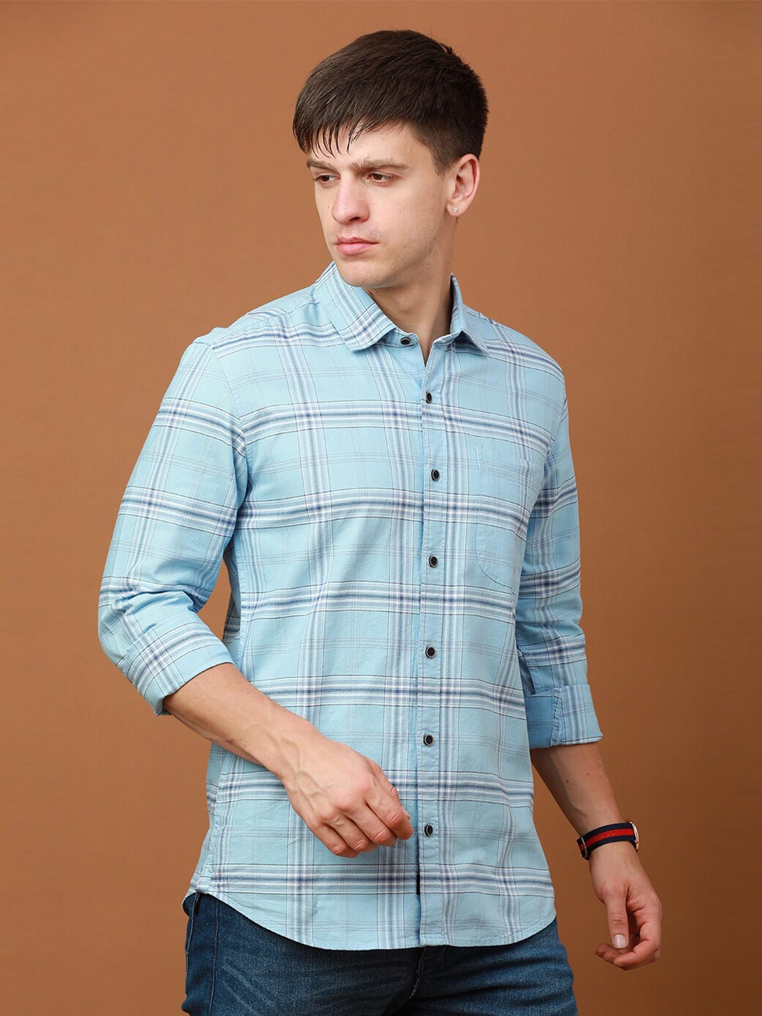 

FOGA Windowpane Checks Checked Pure Cotton Casual Shirt, Blue