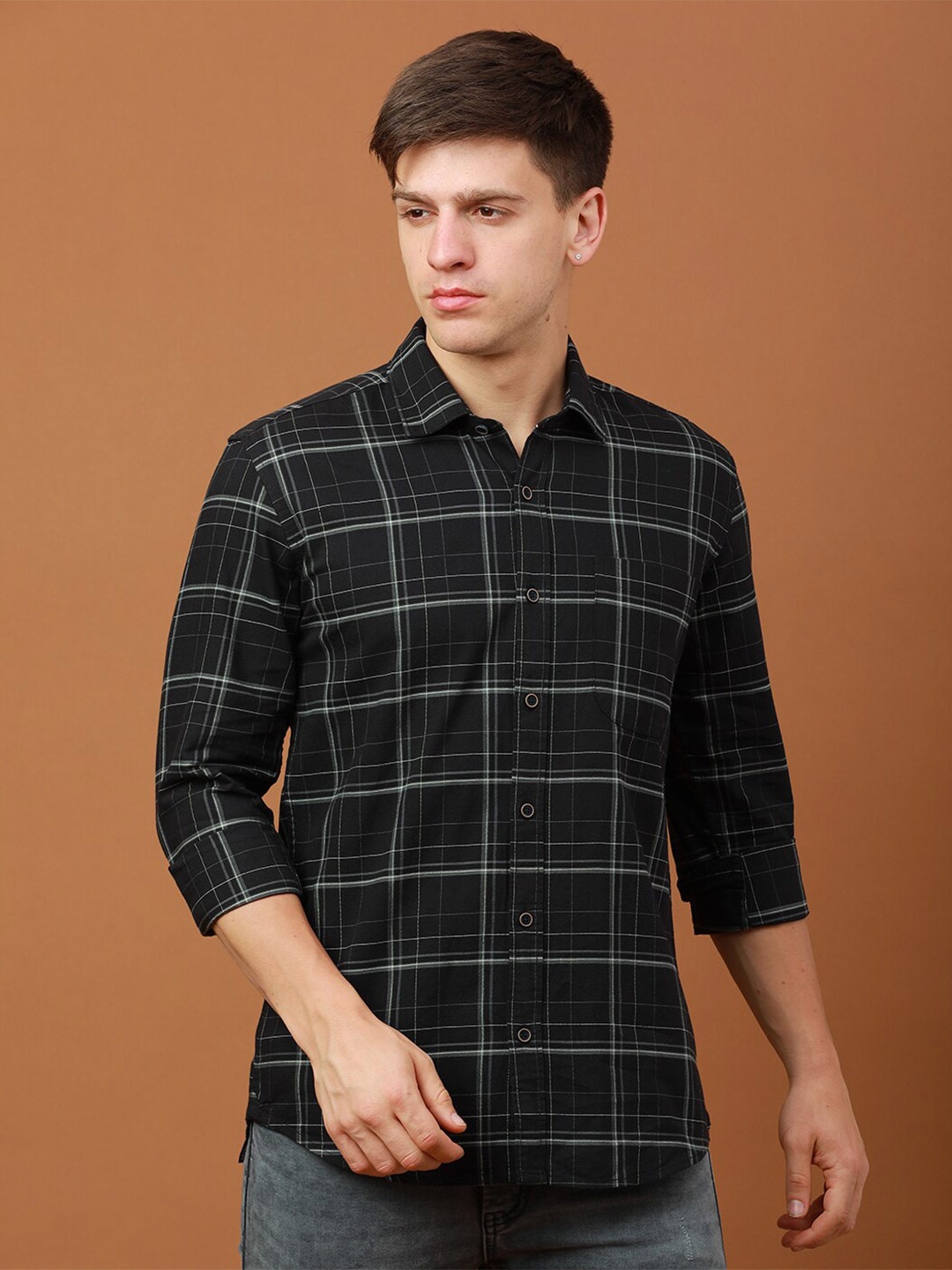 

FOGA Windowpane Checks Pure Cotton Casual Shirt, Black