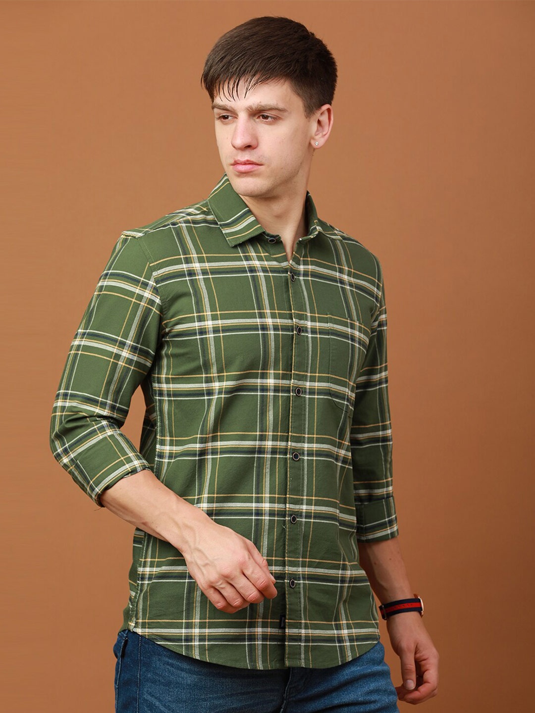 

FOGA Tartan Checks Pure Cotton Casual Shirt, Green