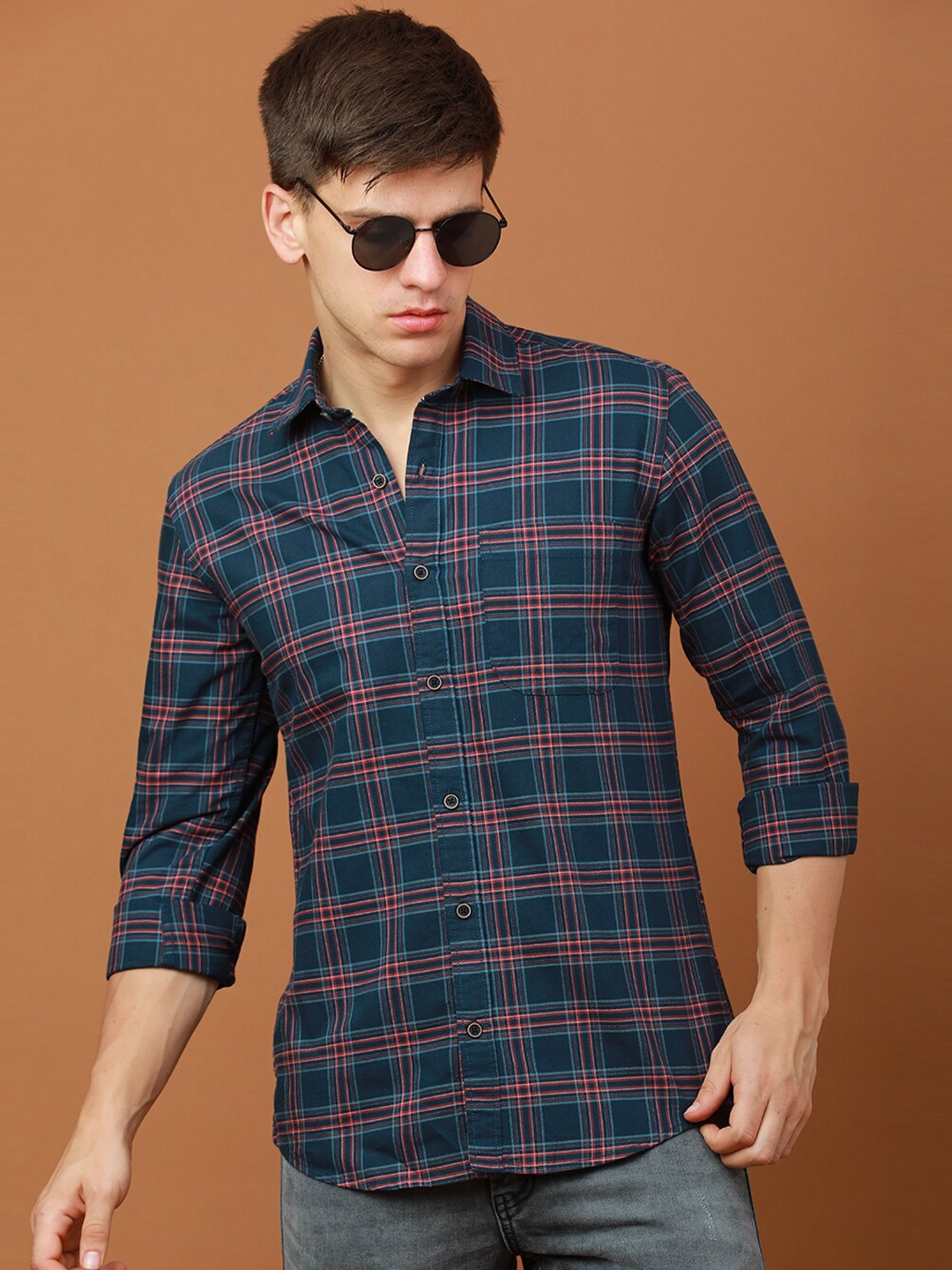 

FOGA Tartan Checks Cotton Casual Shirt, Blue