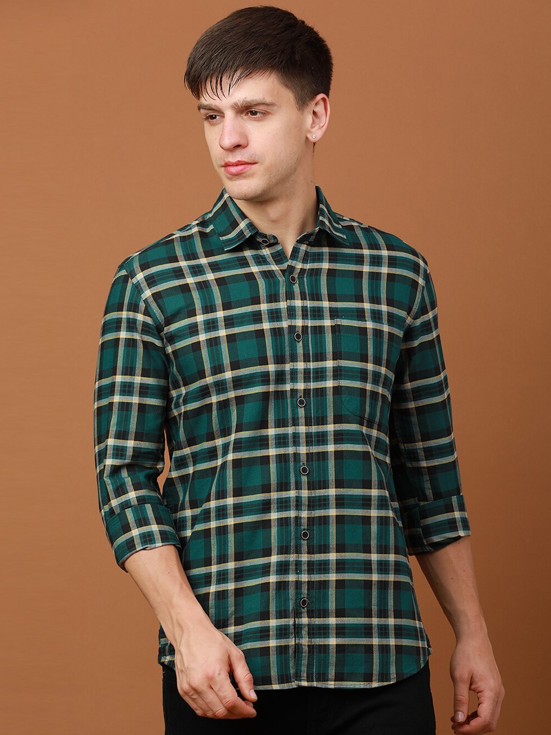 

FOGA Tartan Checks Checked Pure Cotton Casual Shirt, Green