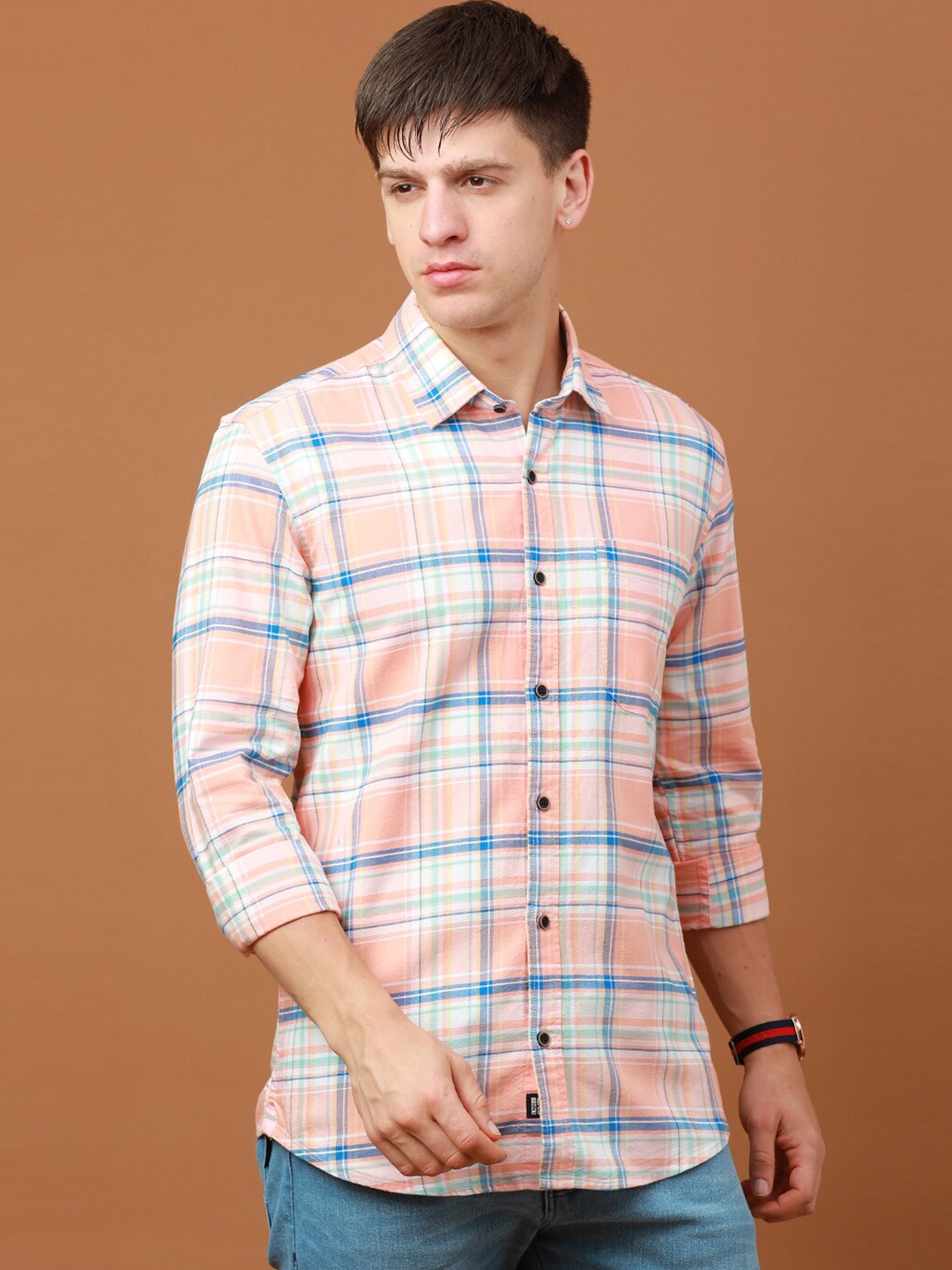 

FOGA Windowpane Checks Checked Pure Cotton Casual Shirt, Pink