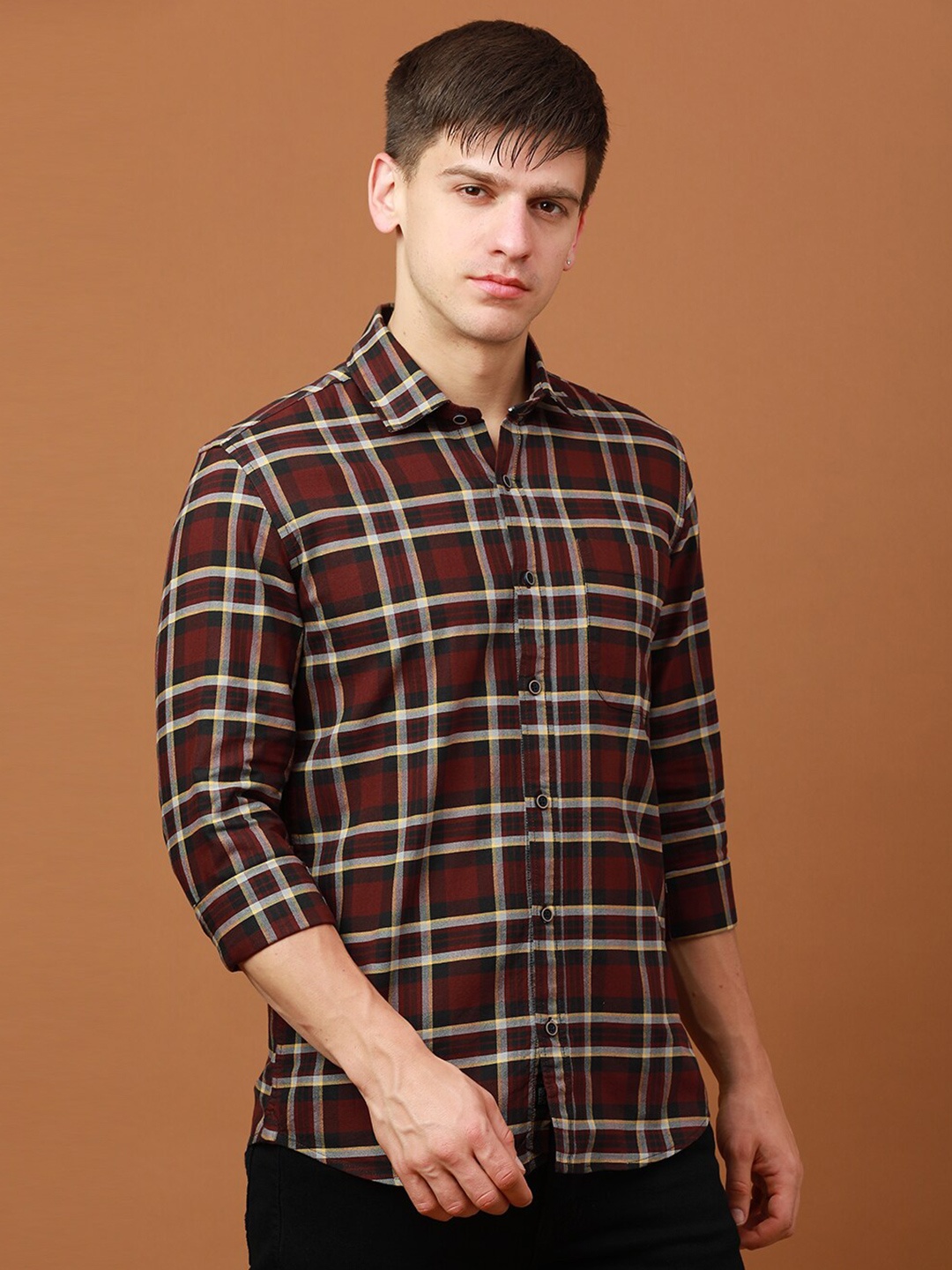 

FOGA Tartan Checks Checked Pure Cotton Casual Shirt, Brown