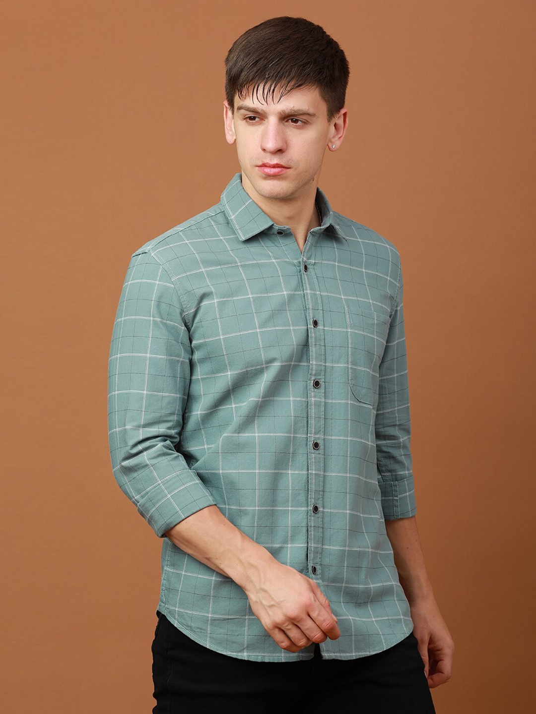 

FOGA Grid Tattersall Checks Cotton Casual Shirt, Green