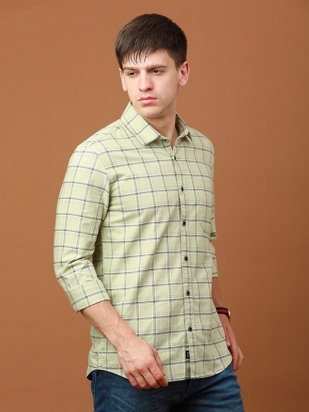 

FOGA Grid Tattersall Checks Checked Pure Cotton Casual Shirt, Green