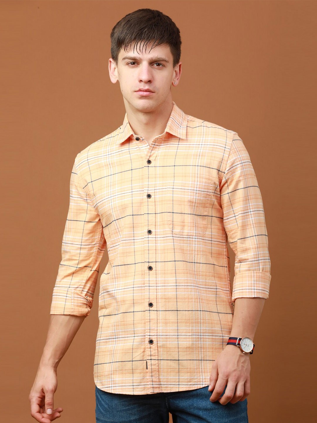 

FOGA Grid Tattersall Checks Checked Pure Cotton Casual Shirt, Orange