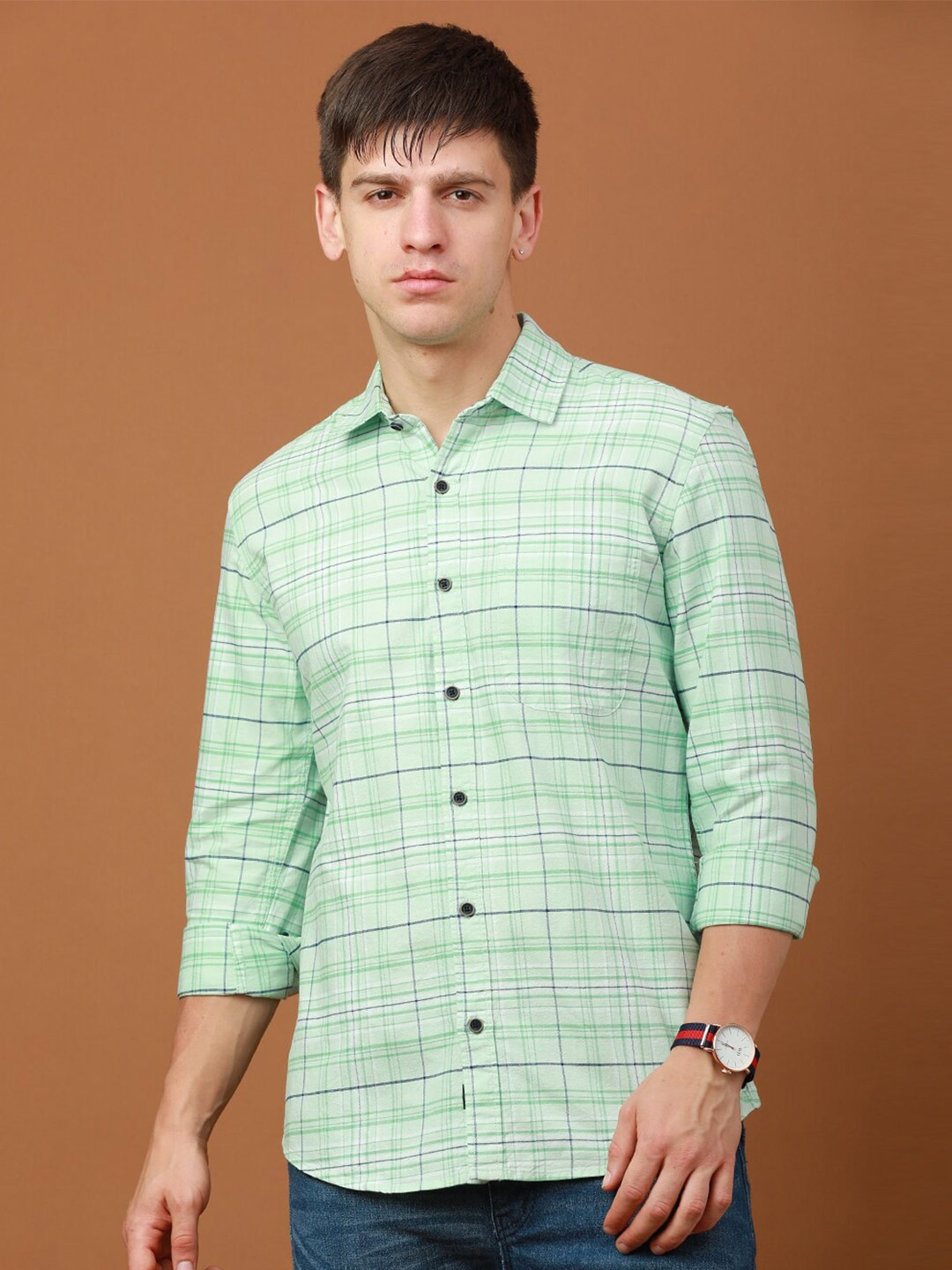 

FOGA Checked Pure Cotton Casual Shirt, Green