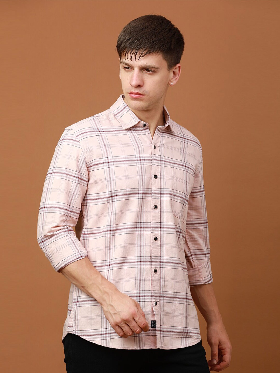 

FOGA Windowpane Checks Checked Pure Cotton Casual Shirt, Peach