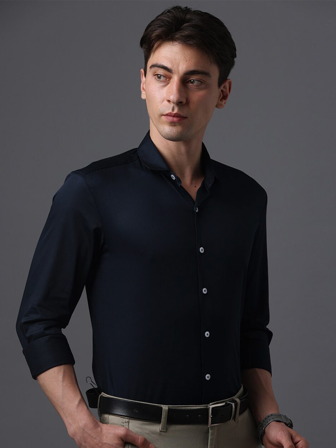 

FOGA Spread Collar Satin Formal Shirt, Navy blue