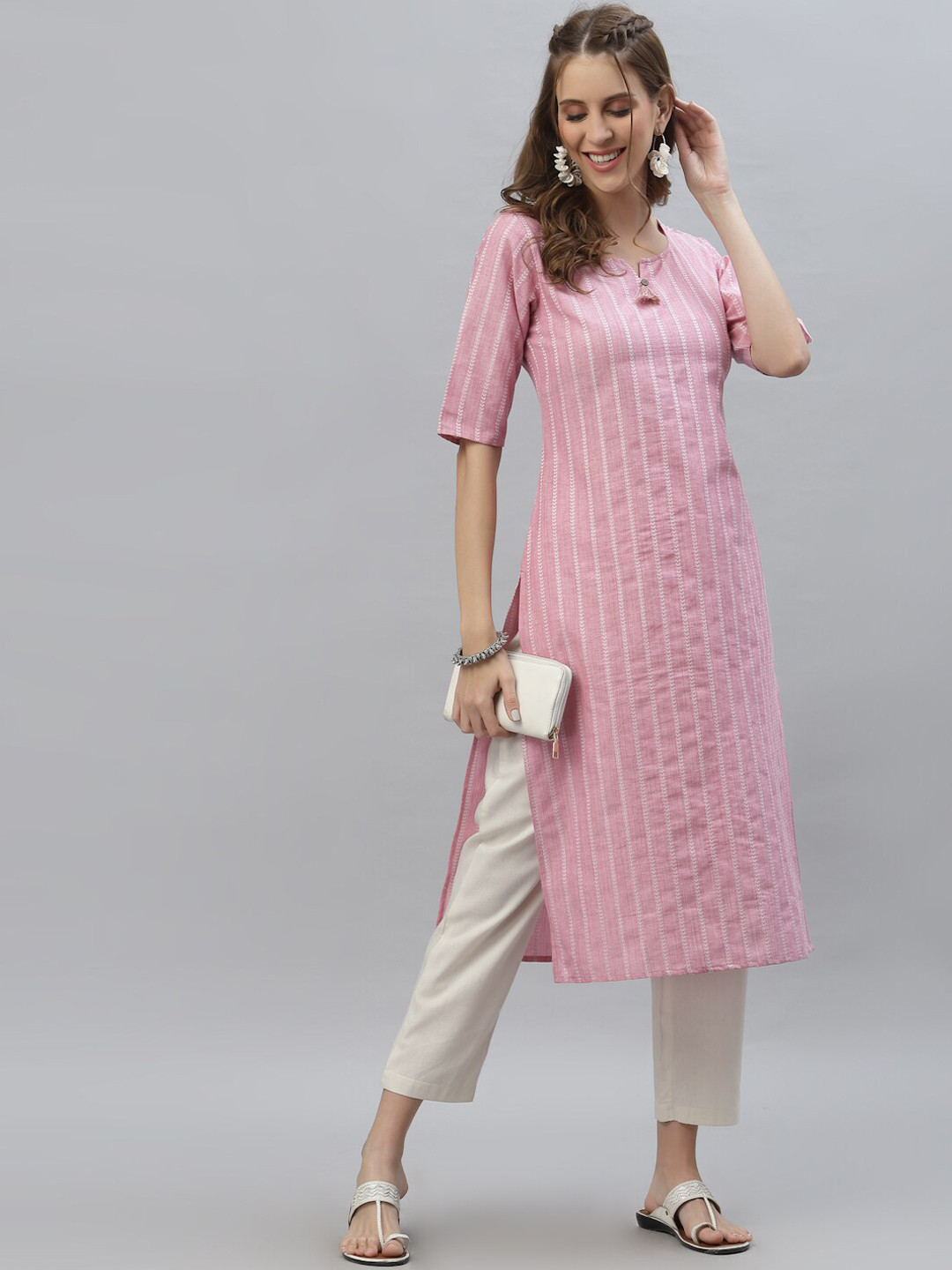 

Stylum Women Pink Striped Woven design straight Kurta