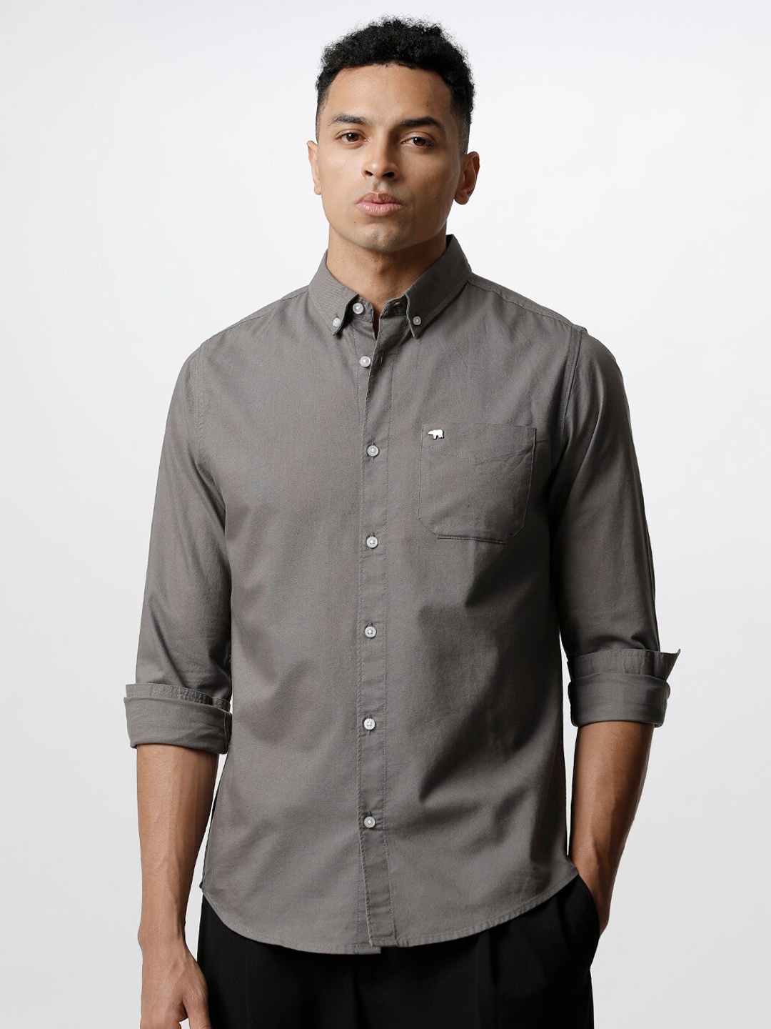 

THE BEAR HOUSE Slim Fit Button-Down Collar Pure Cotton Casual Shirt, Grey