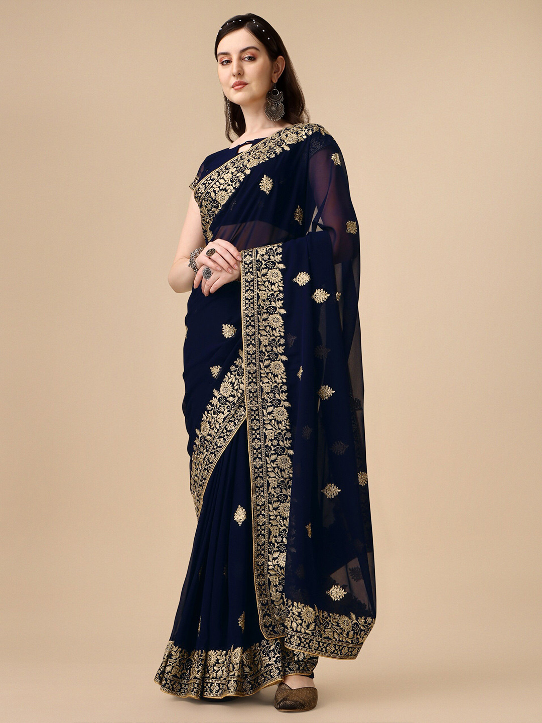 

Vaidehi Fashion Floral Embroidered Pure Georgette Saree, Navy blue
