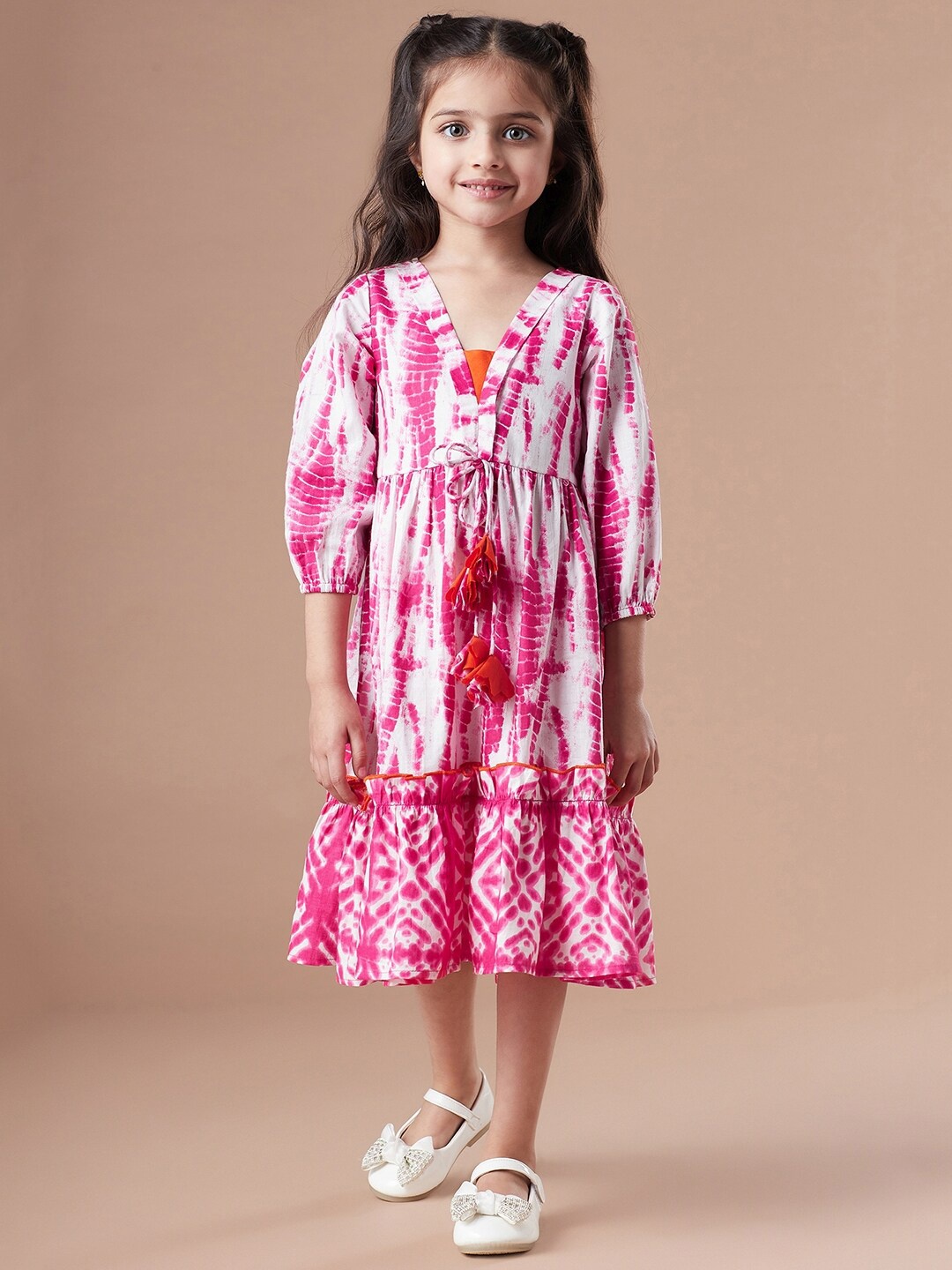 

pspeaches Girls Tiered Tie & Dye Puff Sleeve A-Line Midi Cotton Dress, Pink