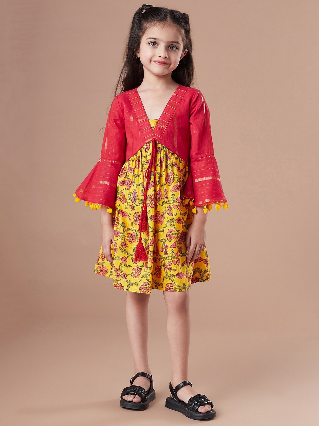 

pspeaches Floral Printed Bell Sleeve Cotton A-Line Dress, Yellow