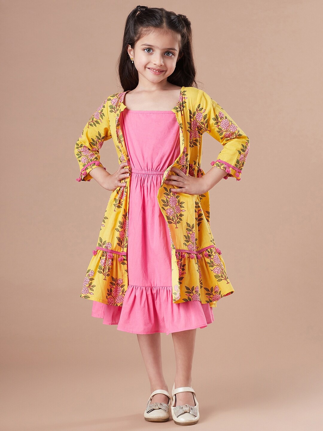 

pspeaches Girls Print Fit & Flare Dress With Shrug, Yellow